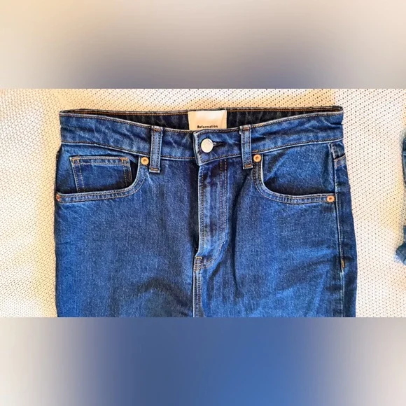 REFORMATION Jax Stretch High Rise Straight Jeans Dark Blue - Picture 12 of 16